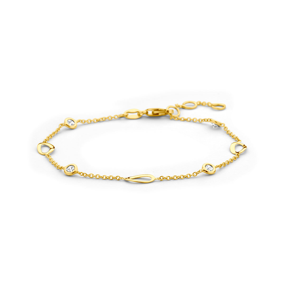 Armband met zirkonia: vooraanzicht van de 14 karaat geelgouden armband met zirkonia.