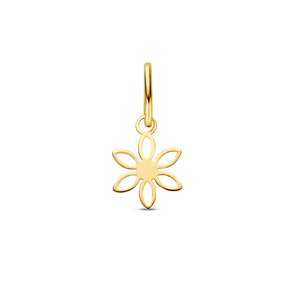 Vooraanzicht van de 14 karaat geelgouden bloem hanger, 12,5 mm hoog en 6 mm breed.