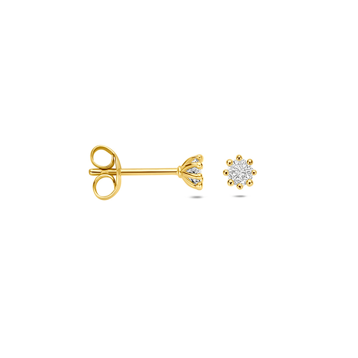 Gouden oorknopjes met zirkonia: voor- en zijaanzicht van de 14 karaat geelgouden bloem oorknopjes met zirkonia.