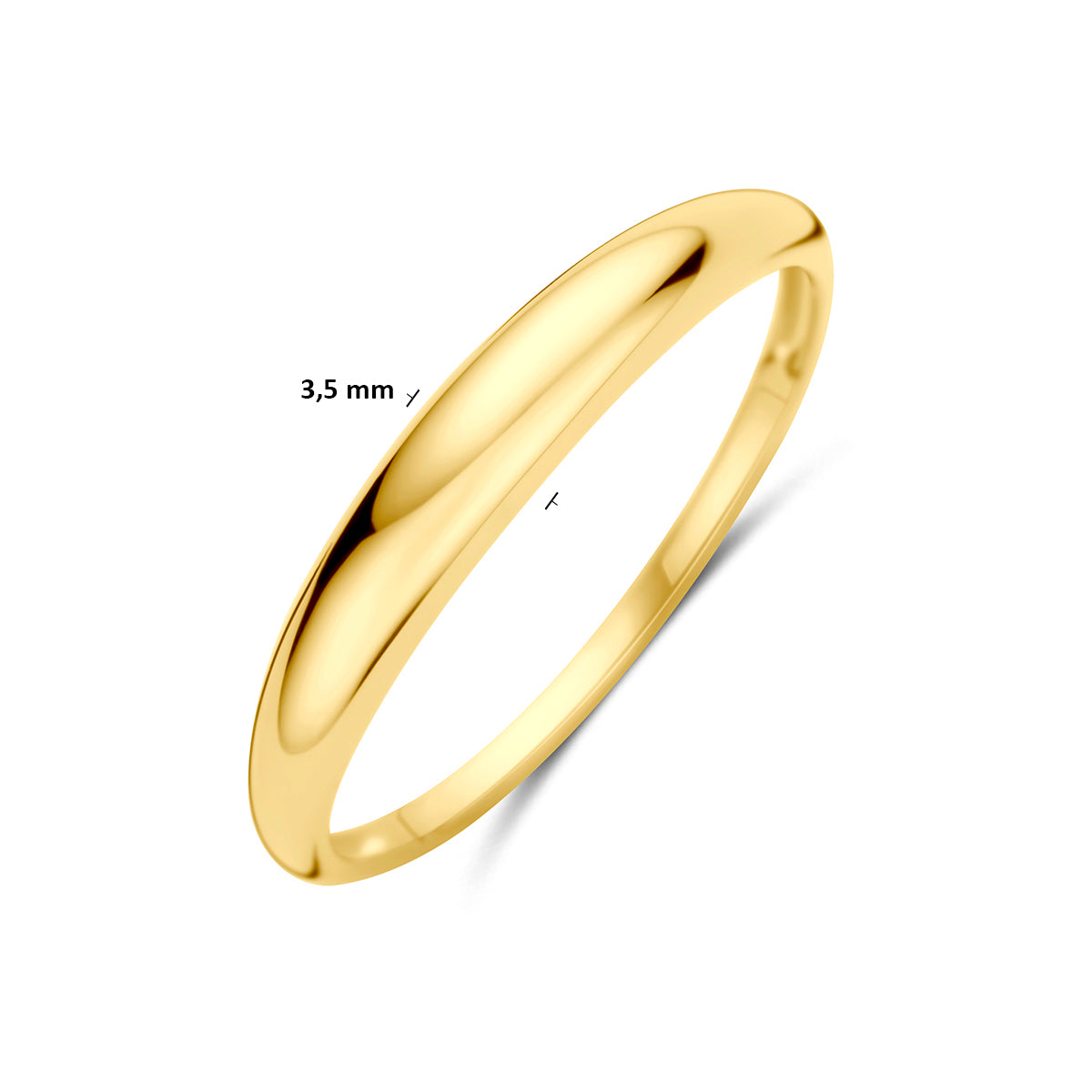 14 karaat ring: schuin bovenaanzicht met afmetingen van de 14 karaat geelgouden bolle ring, 3,5 mm breed.