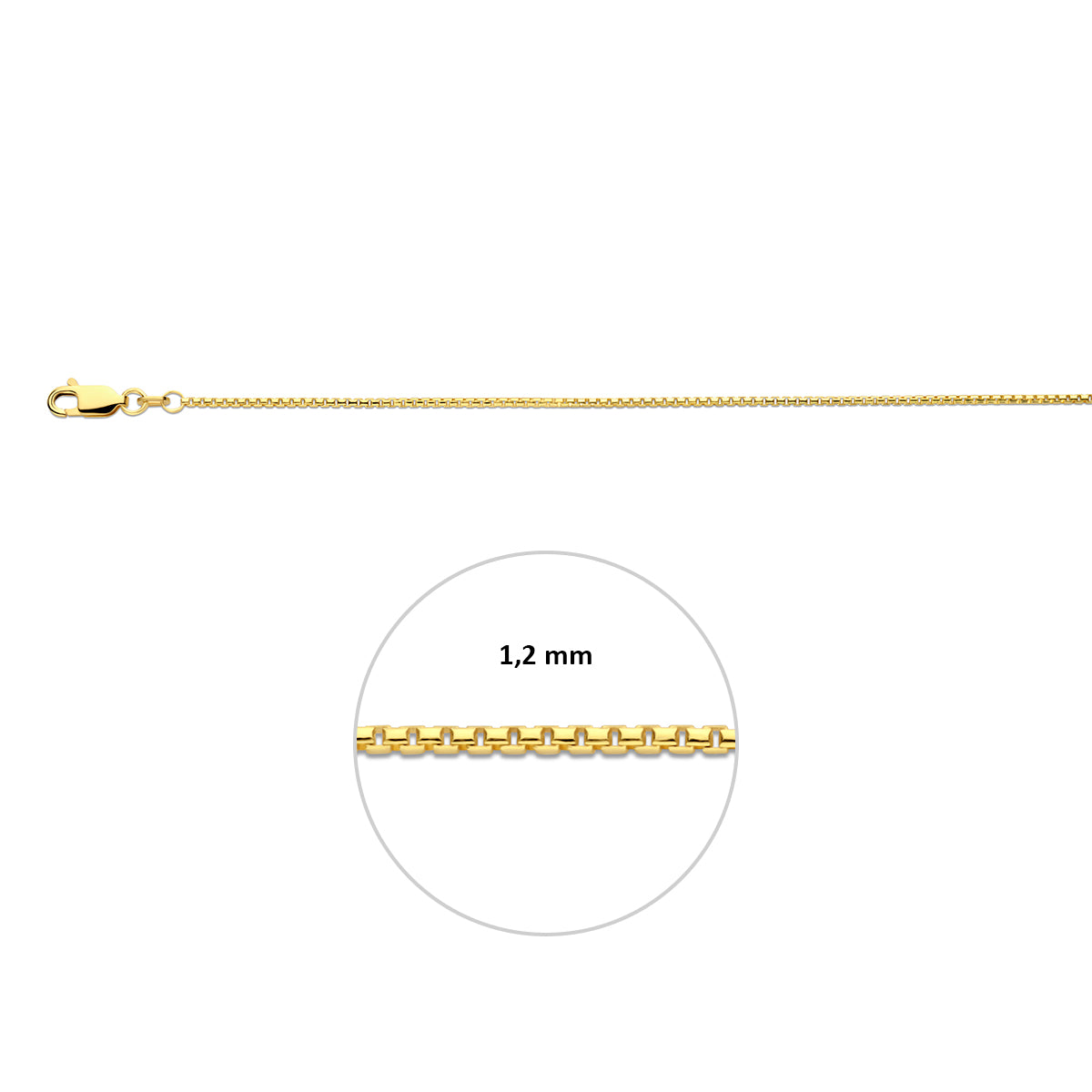Gouden venetiaanse ketting: 14 karaat geelgouden bolle venetiaanse halsketting, met de schakelbreedte van 1,2 mm aangegeven