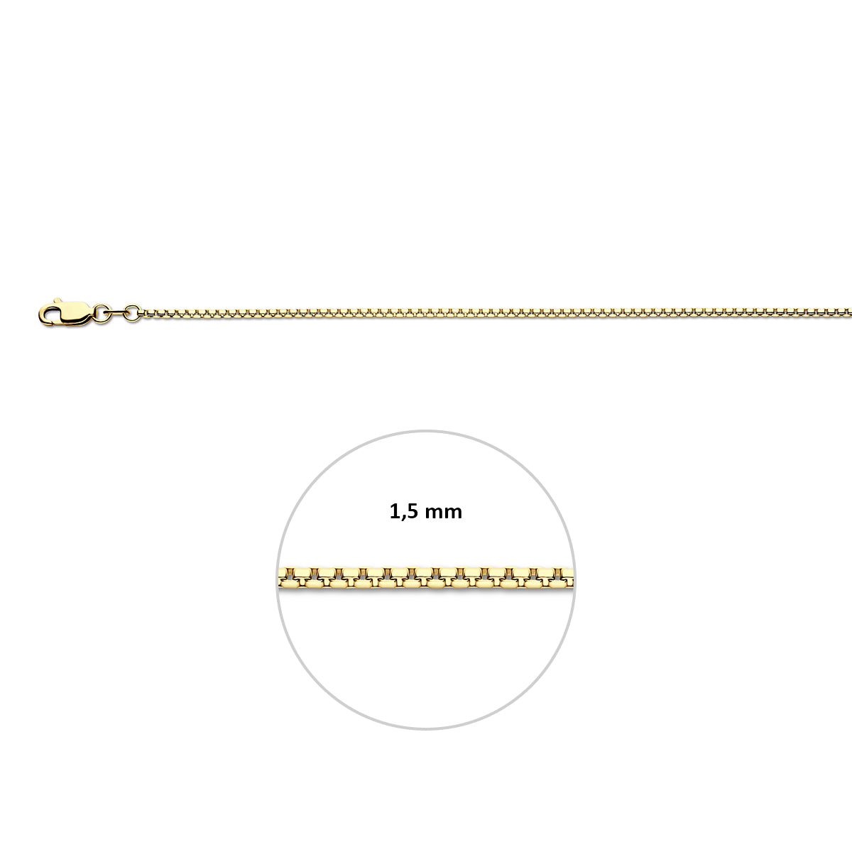 Gouden venetiaanse ketting: 14 karaat geelgouden bolle venetiaanse halsketting, met de schakelbreedte van 1,5 mm aangegeven