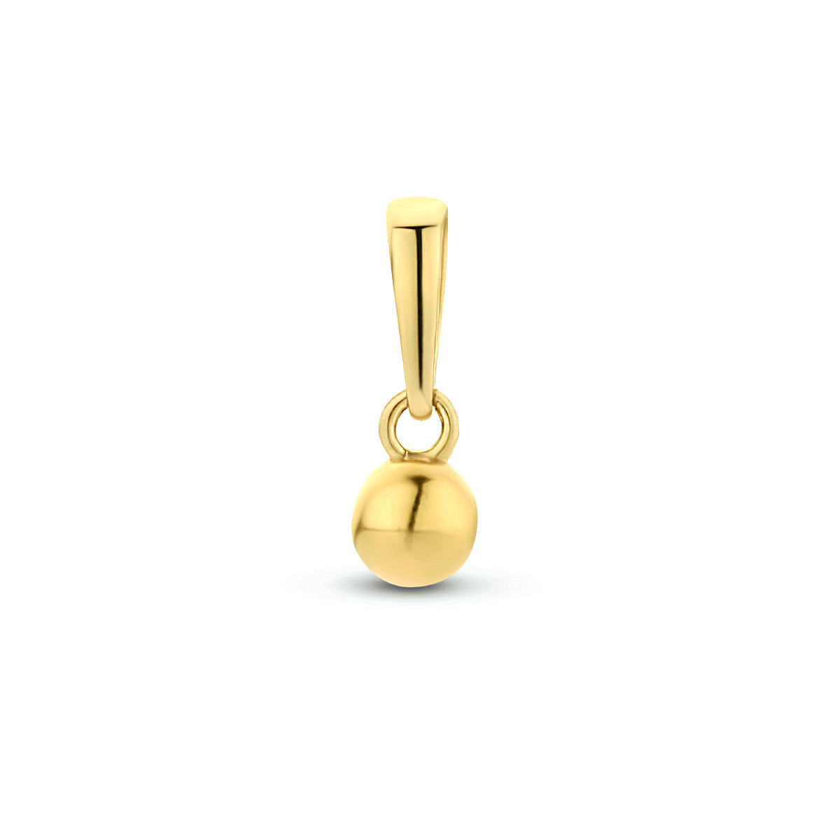 Vooraanzicht van de 14 karaat geelgouden bolletje hanger, 9 mm hoog en 3 mm breed.