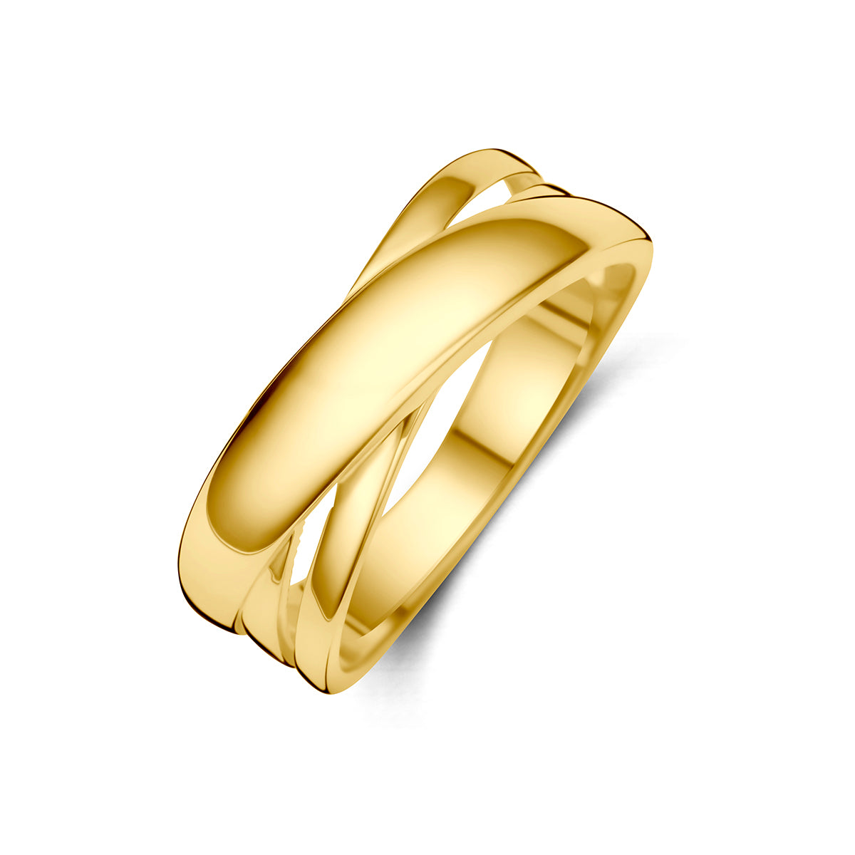 Brede gouden ring: schuin bovenaanzicht van de 14 karaat geelgouden brede gekruiste ring.