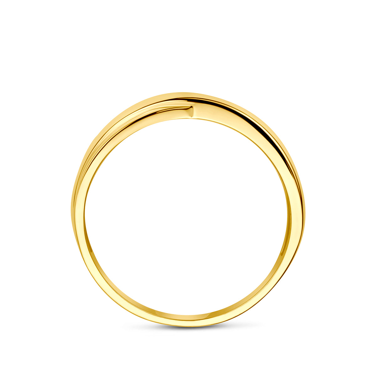 Brede gouden ring: zijaanzicht van de 14 karaat geelgouden brede gekruiste ring.