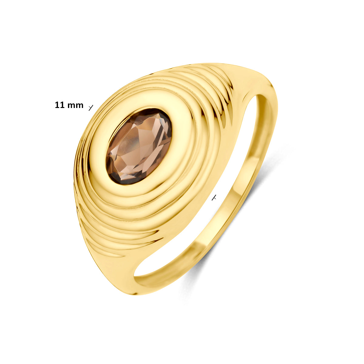 Rookkwarts ring: schuin bovenaanzicht met afmetingen van de 14 karaat geelgouden brede geribbelde ring met rookkwarts, 11,0 mm breed.