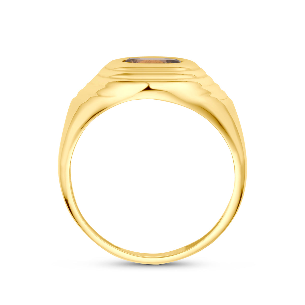 Rookkwarts ring: zijaanzicht van de 14 karaat geelgouden brede geribbelde ring met rookkwarts.