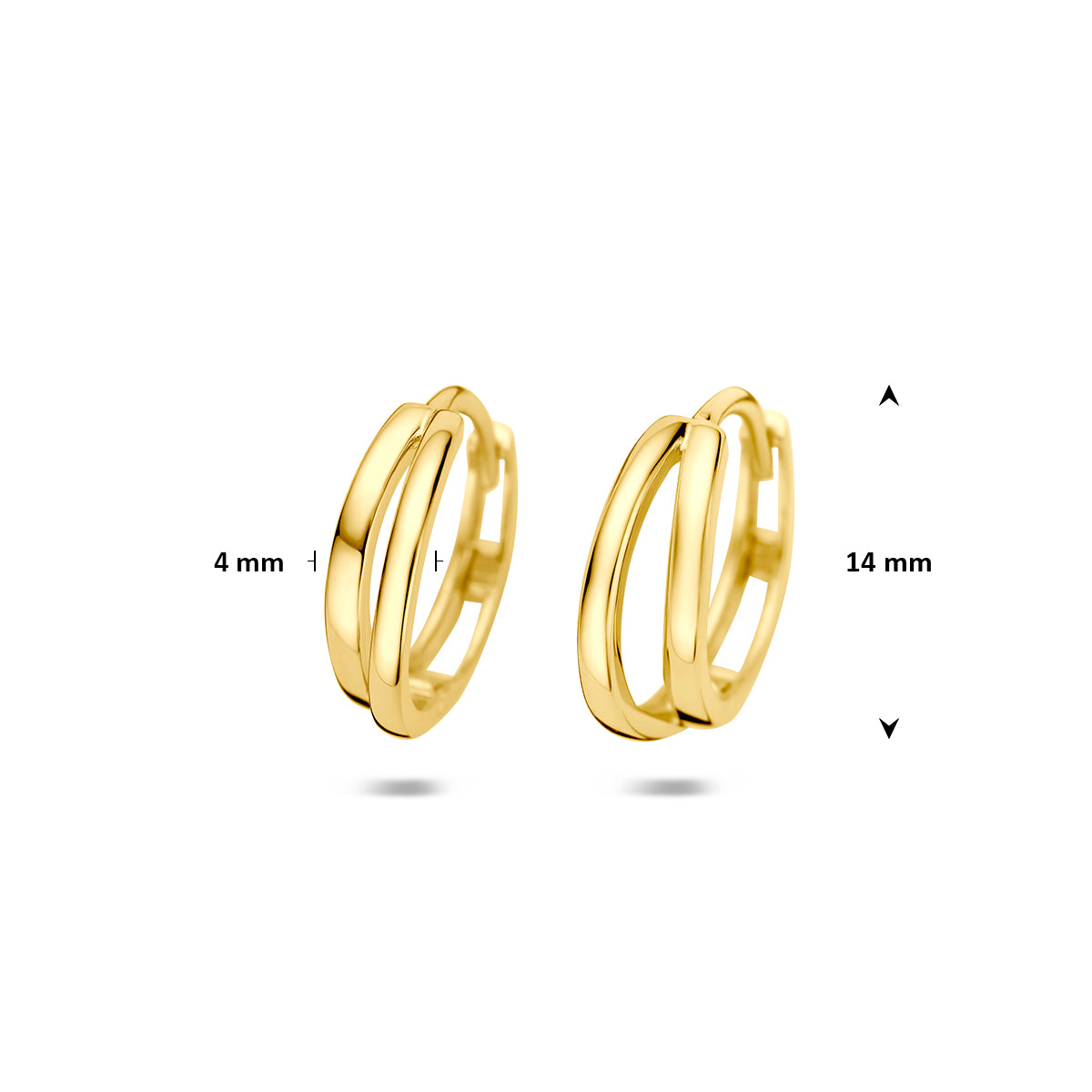 Klapoorringen: afmetingen van de 14 karaat geelgouden brede klapoorringen, 14,0 mm doorsnee en 4,0 mm breed.