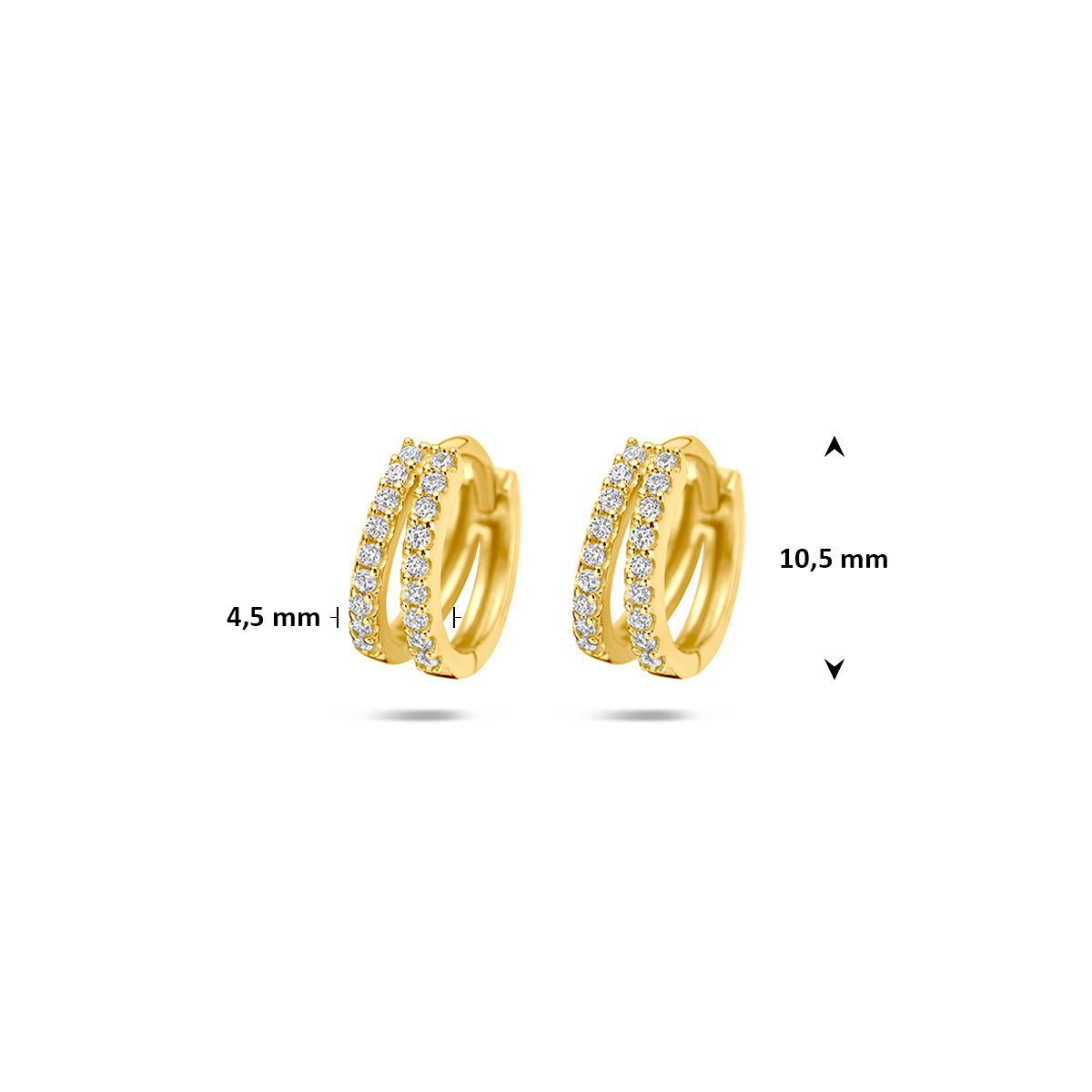 Gouden oorringen met zirkonia: afmetingen van de 14 karaat geelgouden brede klapoorringen met zirkonia, 10,5 mm doorsnee en 4,5 mm breed.