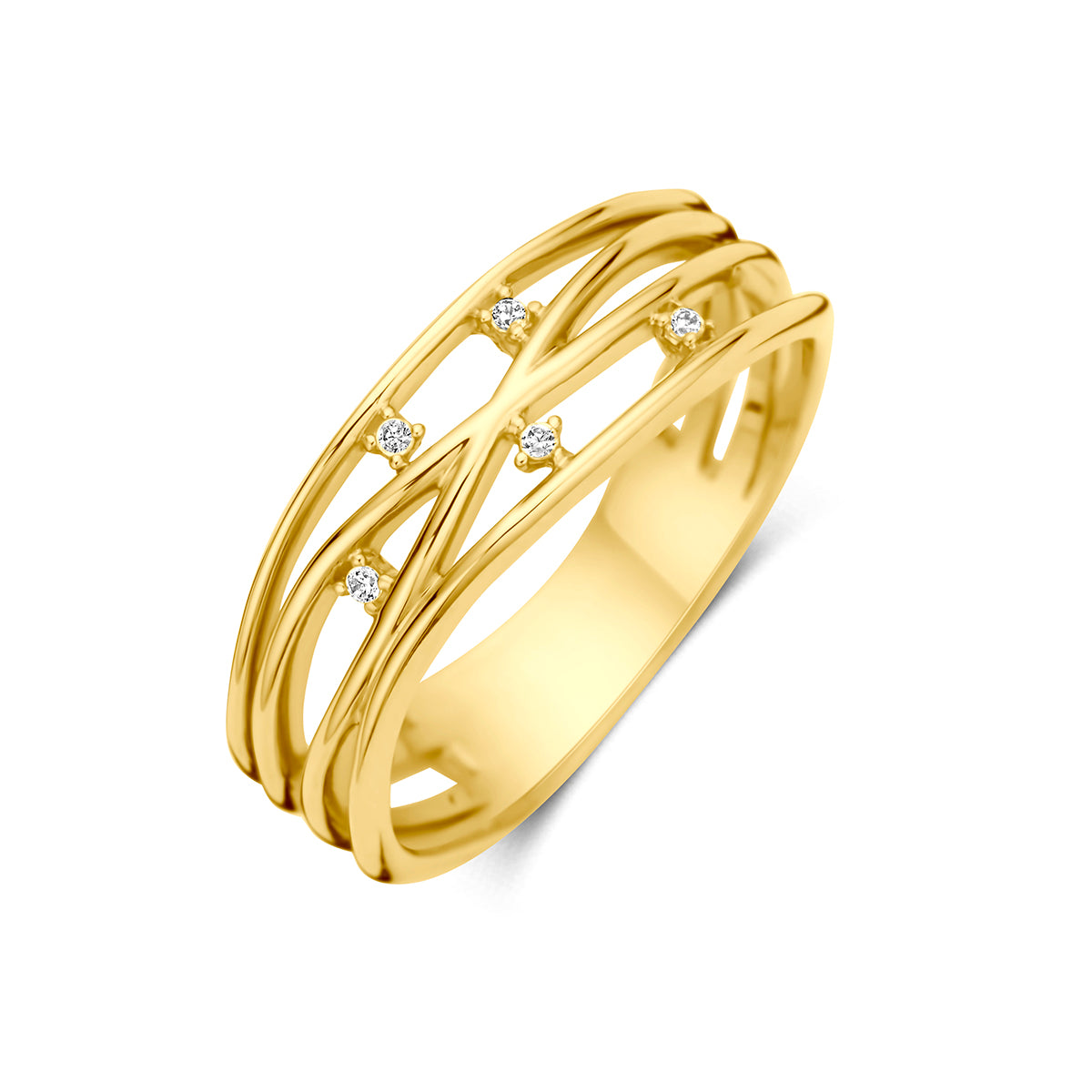 Gouden ring met zirkonia: schuin bovenaanzicht van de 14 karaat geelgouden brede ring met lijnen en zirkonia.
