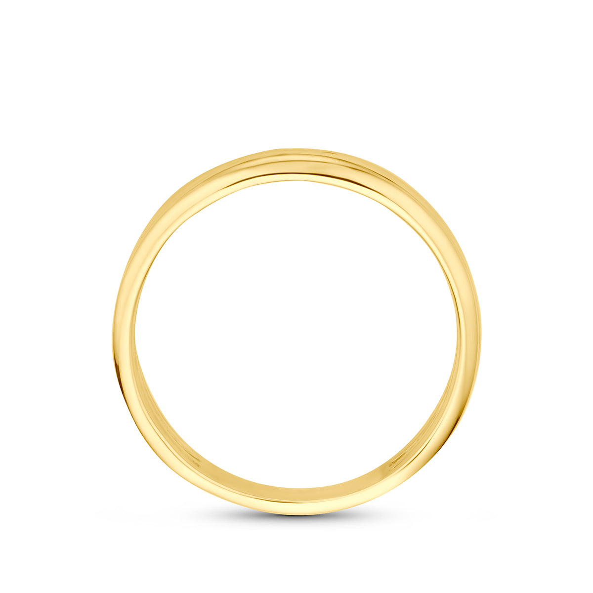 Gouden ring met zirkonia: zijaanzicht van de 14 karaat geelgouden brede ring met lijnen en zirkonia.
