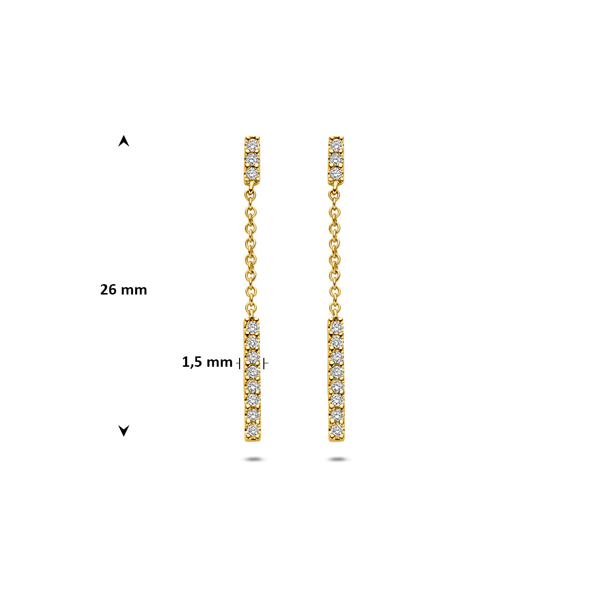 Technische afbeelding van de 14 karaat geelgouden diamanten oorhangers 0,11 ct met afmetingen, 26 mm hoog en 1,5 mm breed.