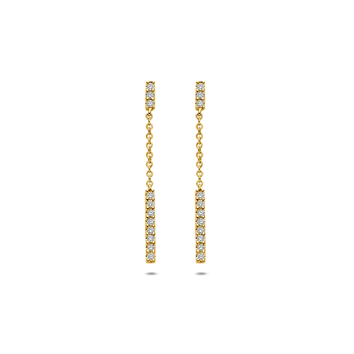 Vooraanzicht van de 14 karaat geelgouden diamanten oorhangers 0,11 ct, 26 mm hoog en 1,5 mm breed.