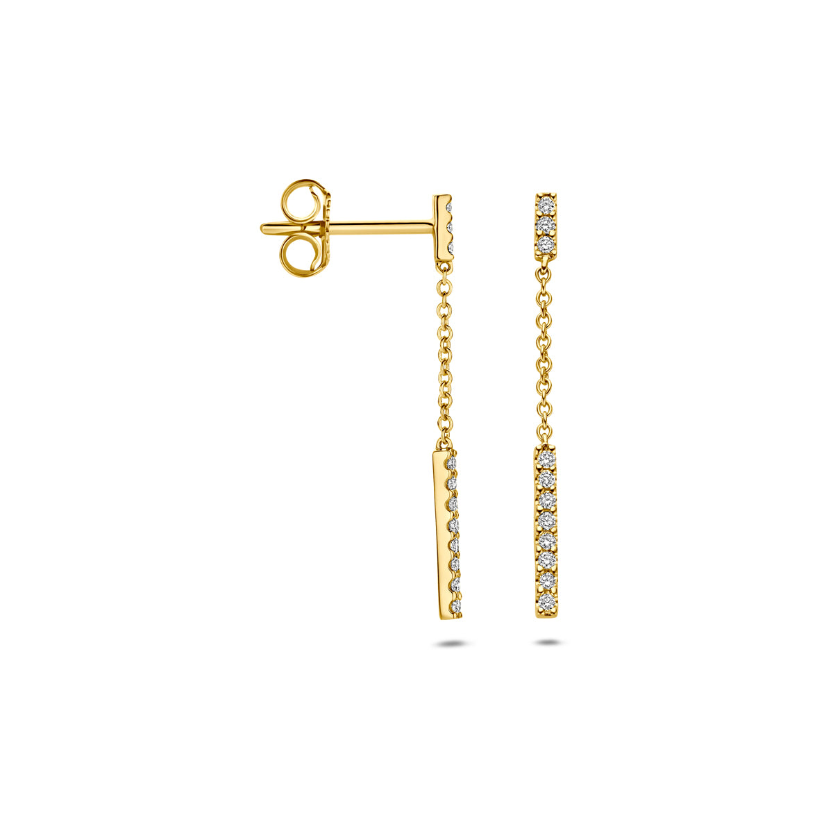 Zijaanzicht van de 14 karaat geelgouden diamanten oorhangers 0,11 ct, zodat de diepte van het sieraad zichtbaar is.