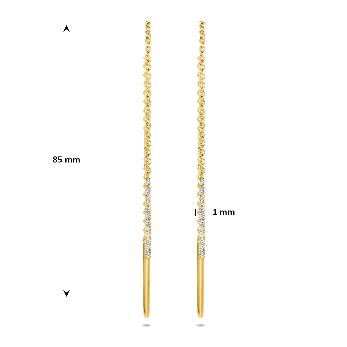 Technische afbeelding van de 14 karaat geelgouden doortrekoorbellen diamant 0,08 ct met afmetingen, 85 mm hoog en 1 mm breed.