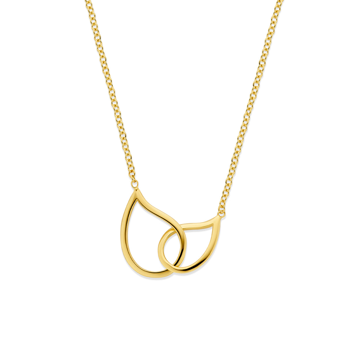Vooraanzicht van de 14 karaat geelgouden druppel ketting, 12 mm hoog en 18 mm breed.