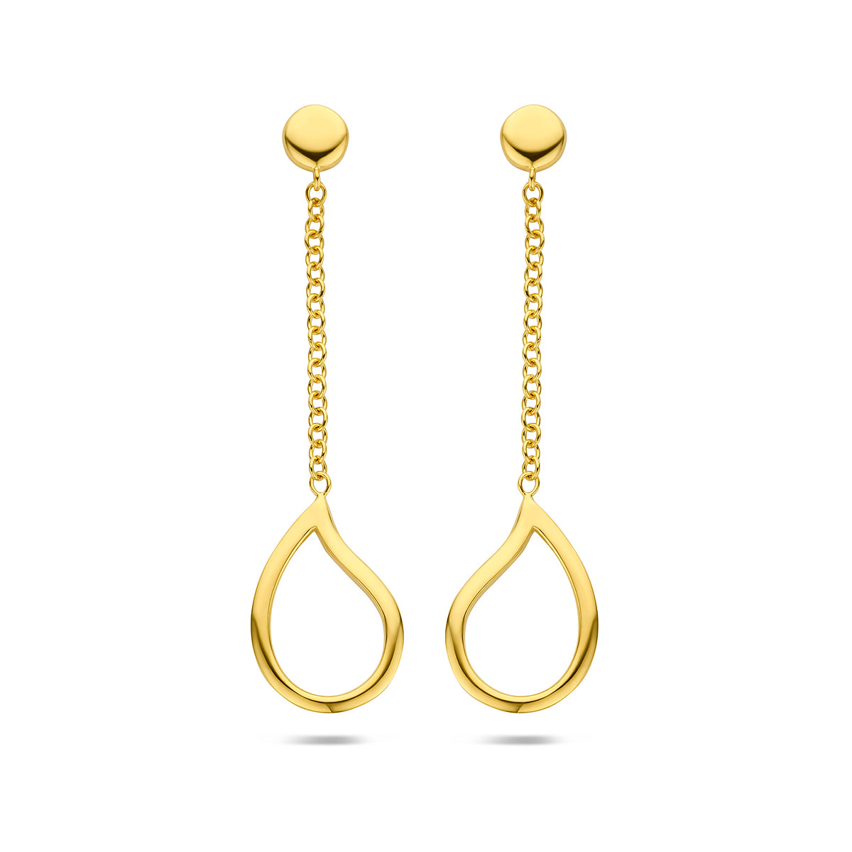 Vooraanzicht van de 14 karaat geelgouden druppel oorhangers, 40 mm hoog en 10 mm breed.