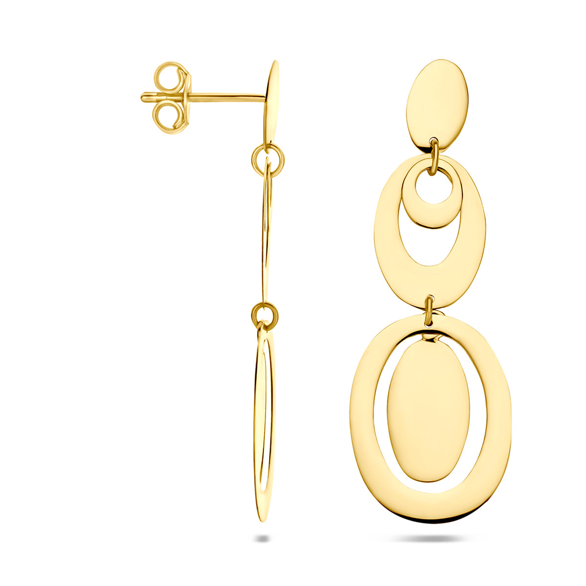 Gouden oorhangers: voor- en zijaanzicht van de 14 karaat geelgouden dubbele ovale oorhangers.