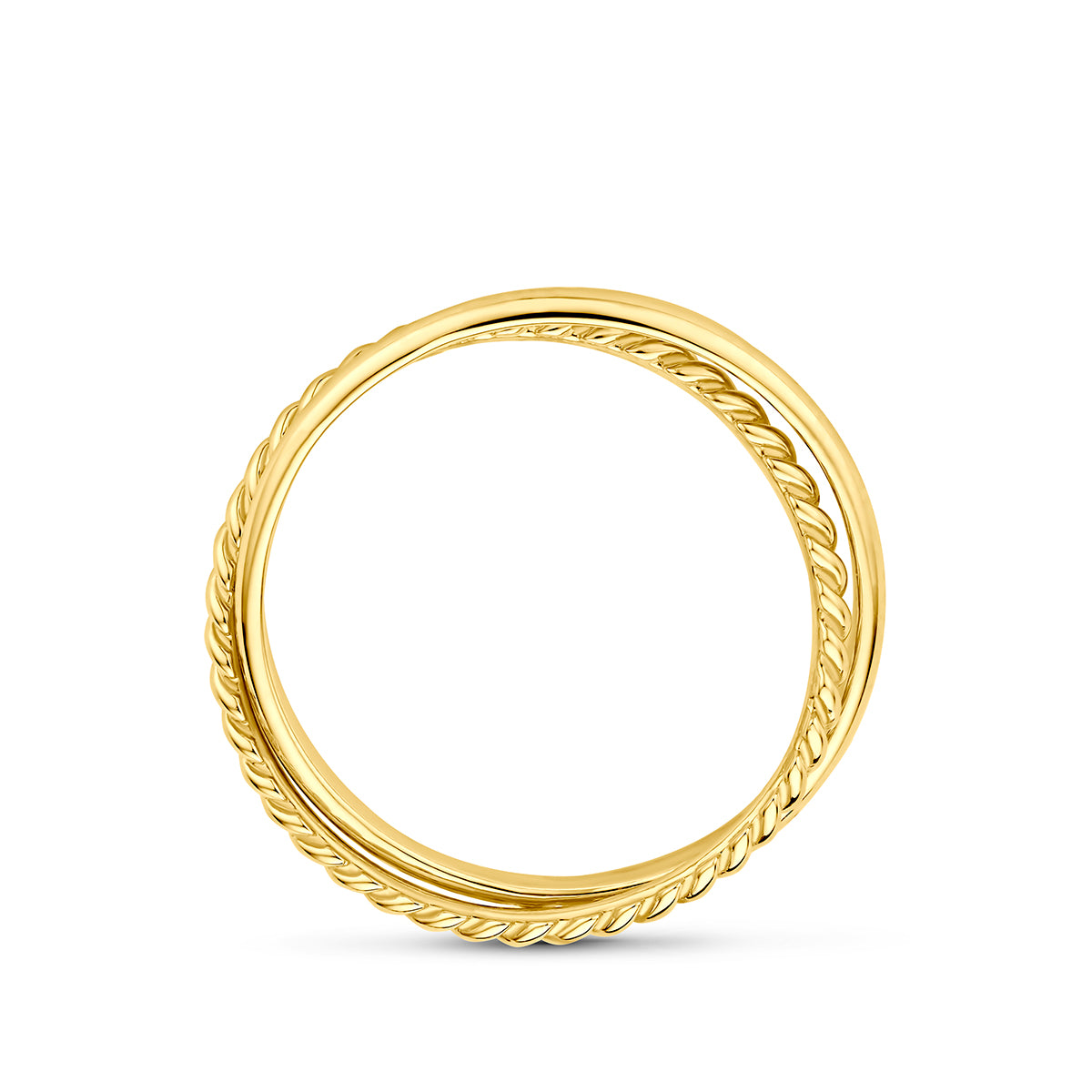 Gedraaide ring goud: zijaanzicht van de 14 karaat geelgouden dubbele ring met gedraaide band.