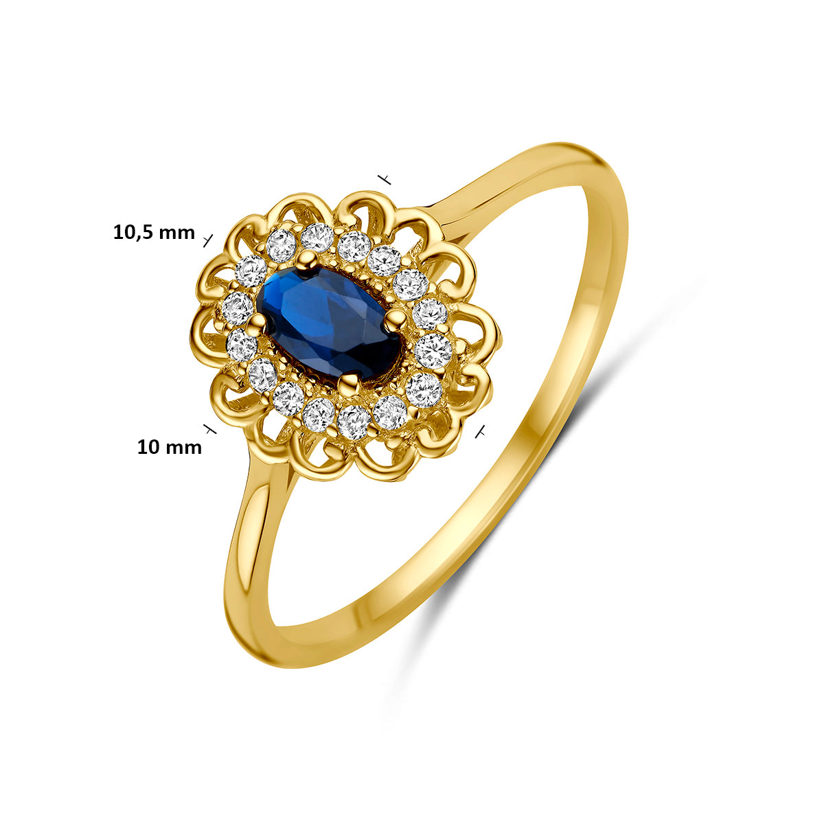 Gouden ring met blauwe steen: schuin bovenaanzicht met afmetingen van de 14 karaat geelgouden entourage ring met blauwe zirkonia, 10,0 mm breed.
