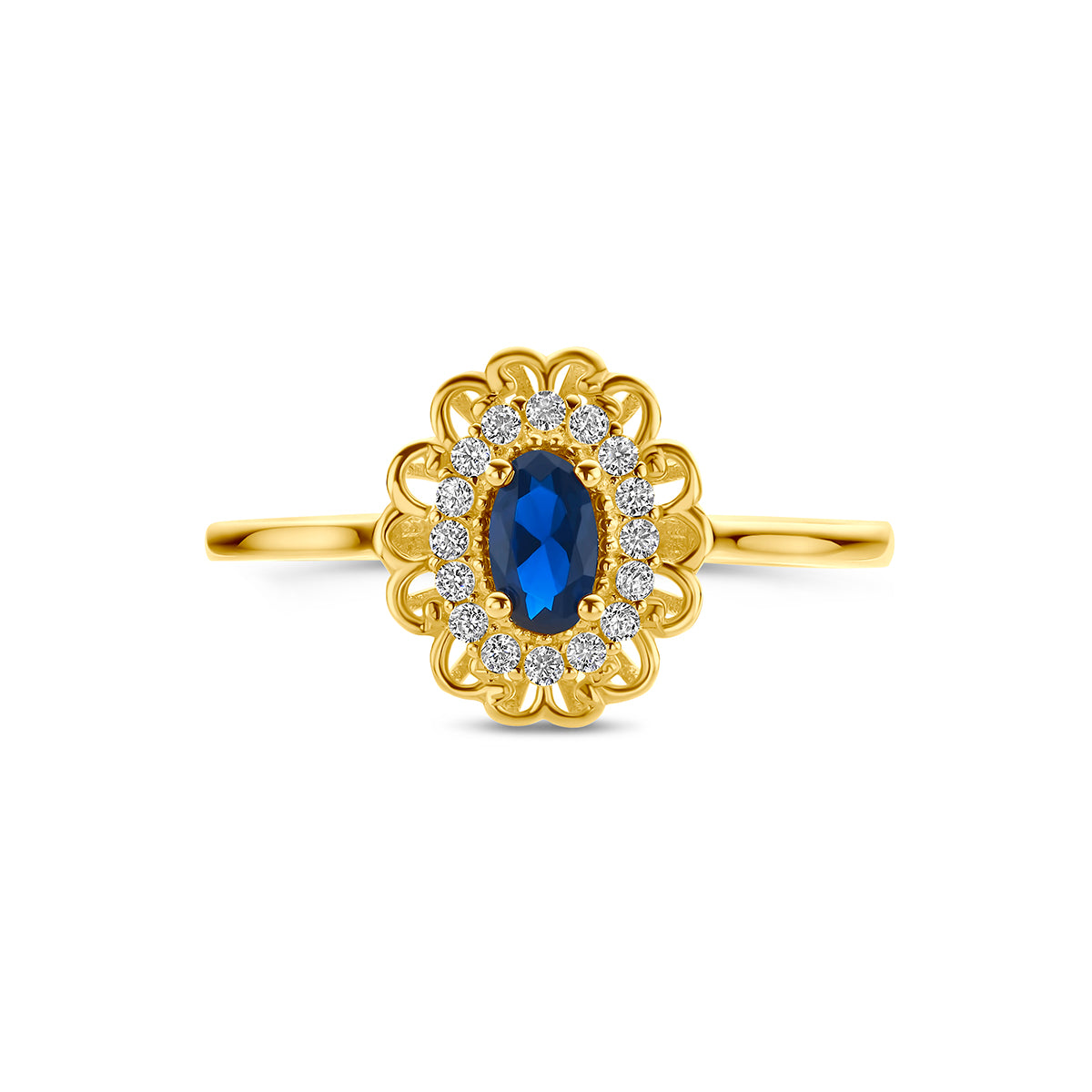 Gouden ring met blauwe steen: bovenaanzicht van de 14 karaat geelgouden entourage ring met blauwe zirkonia.