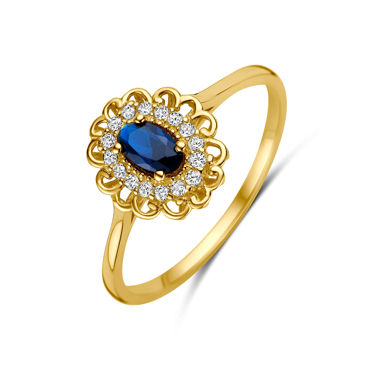 Gouden ring met blauwe steen: schuin bovenaanzicht van de 14 karaat geelgouden entourage ring met blauwe zirkonia.