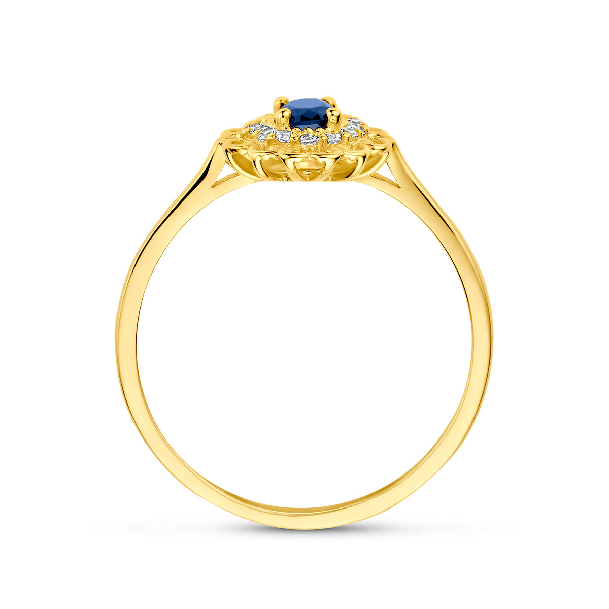 Gouden ring met blauwe steen: zijaanzicht van de 14 karaat geelgouden entourage ring met blauwe zirkonia.