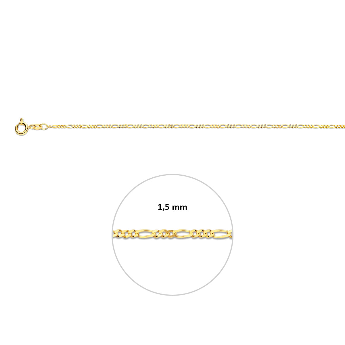 Gouden figaro armband: 14 karaat geelgouden figaro armband, met de schakelbreedte van 1,5 mm aangegeven