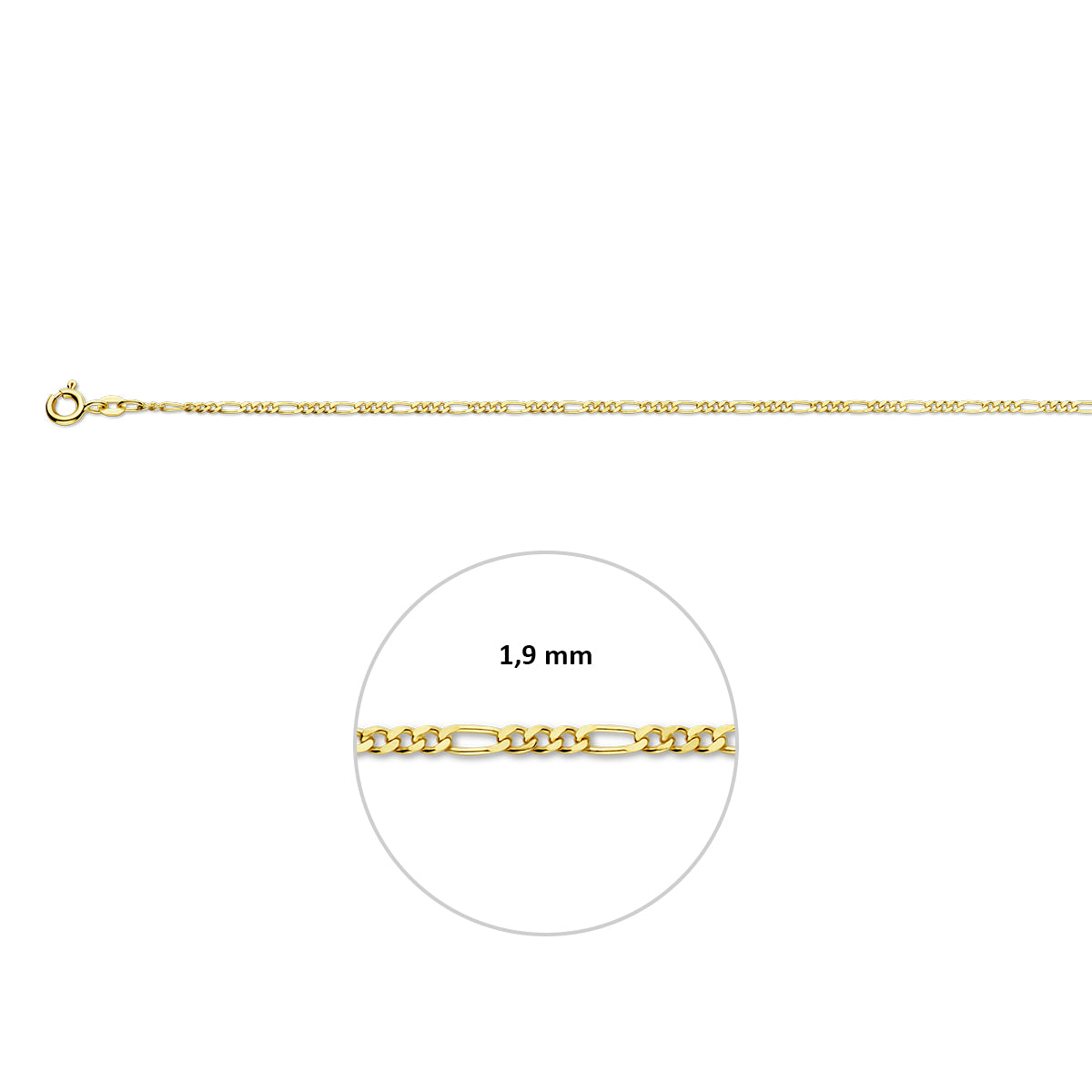 Gouden figaro armband: 14 karaat geelgouden figaro armband van 17 cm, met de schakelbreedte van 1,9 mm aangegeven