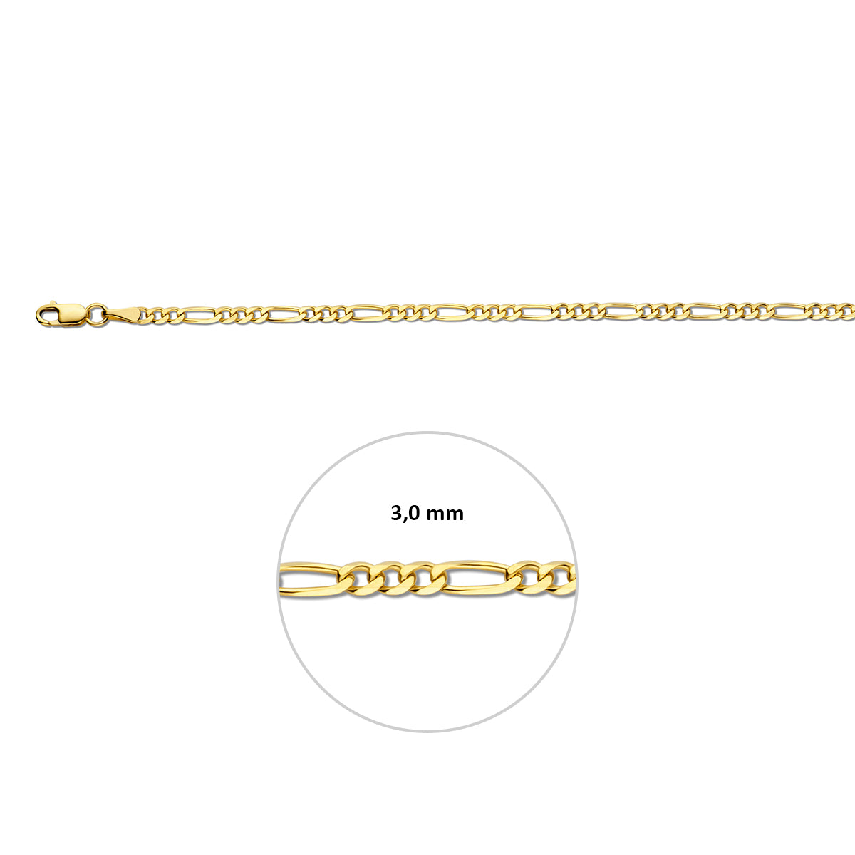 Gouden figaro armband: 14 karaat geelgouden figaro armband, met de schakelbreedte van 3,0 mm aangegeven