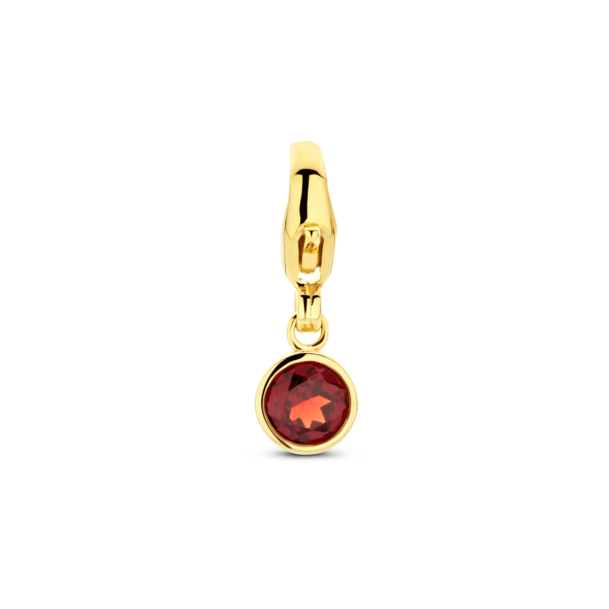 Vooraanzicht van de 14 karaat geelgouden geboortesteen bedel met geboortesteen januari, een rode granaat, 15 mm hoog en 5 mm breed.
