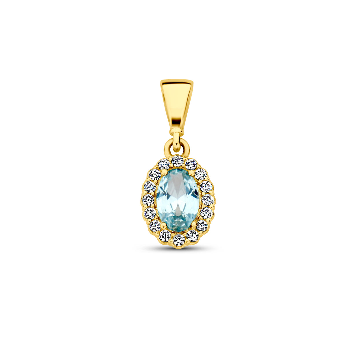 Vooraanzicht van de 14 karaat geelgouden geboortesteenhanger maart, 16 mm hoog en 7 mm breed.