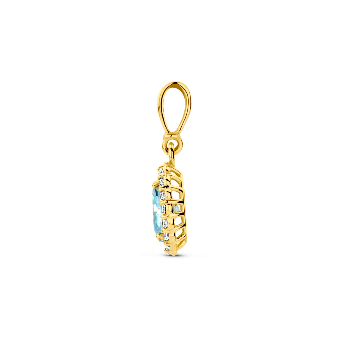 Zijaanzicht van de 14 karaat geelgouden geboortesteenhanger maart, zodat de diepte van de hanger zichtbaar is.