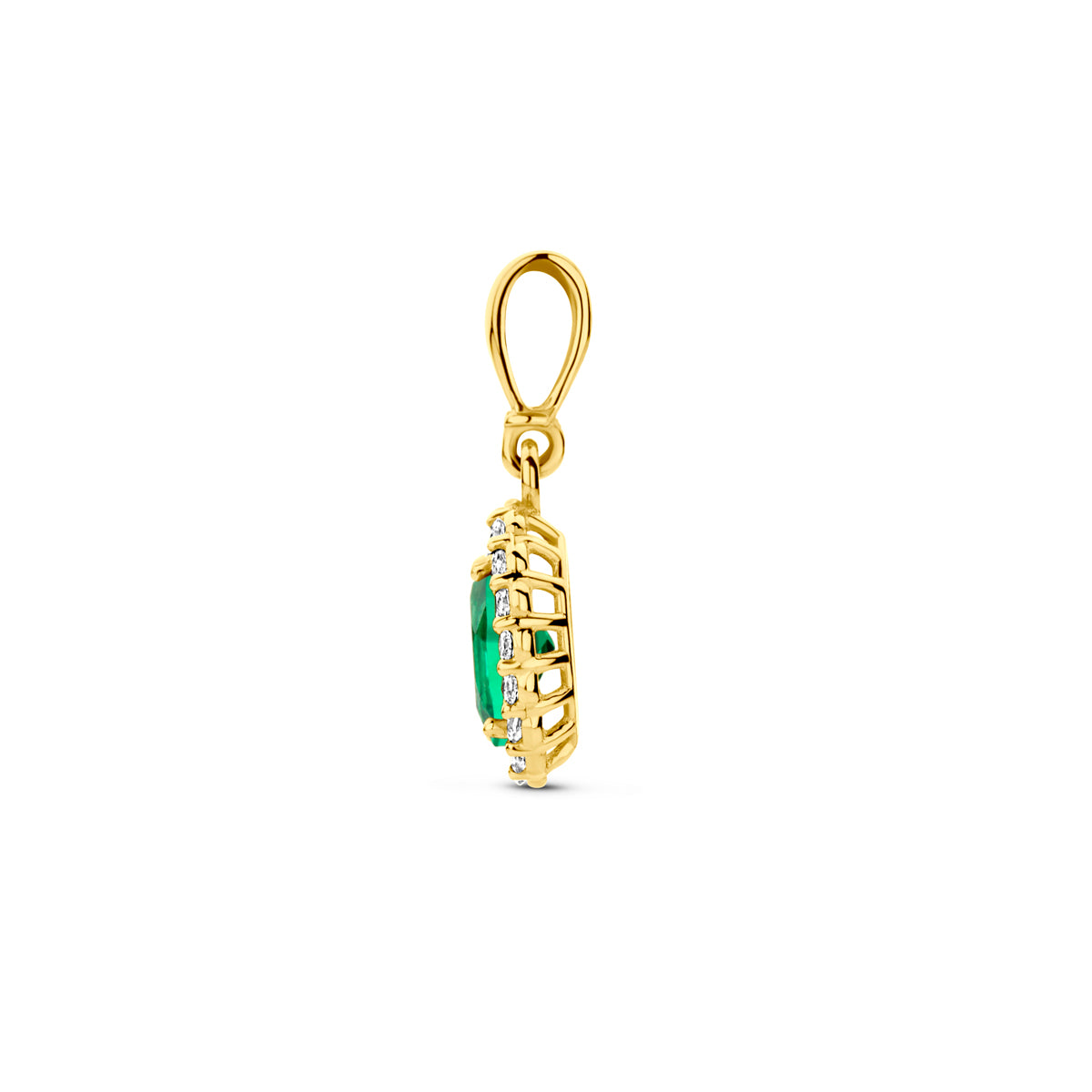 Zijaanzicht van de 14 karaat geelgouden geboortesteenhanger mei, zodat de diepte van de hanger zichtbaar is.