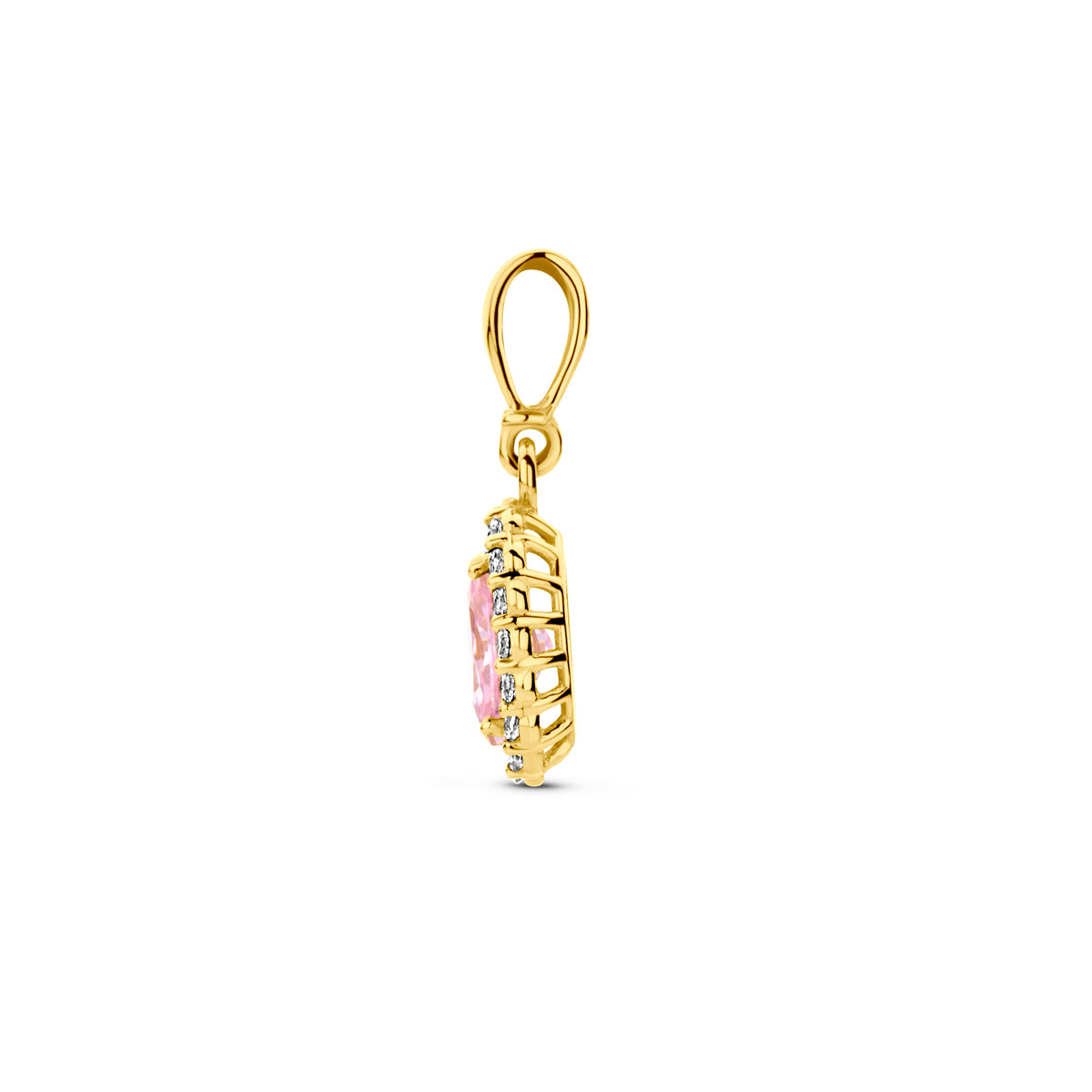 Zijaanzicht van de 14 karaat geelgouden geboortesteenhanger oktober, zodat de diepte van de hanger zichtbaar is.
