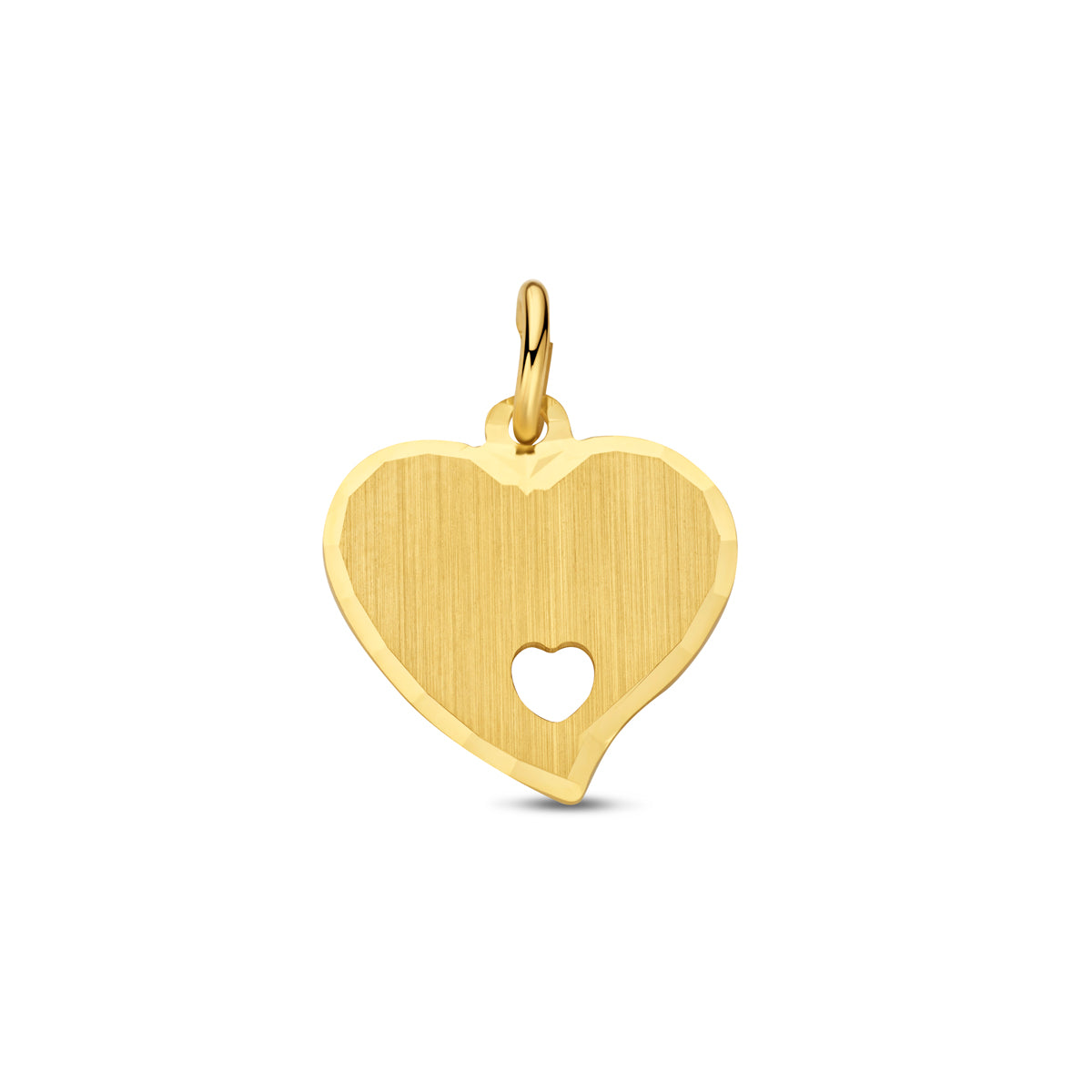 Vooraanzicht van de 14 karaat geelgouden gediamanteerde graveerhanger hartje, 20 mm hoog en 15 mm breed.