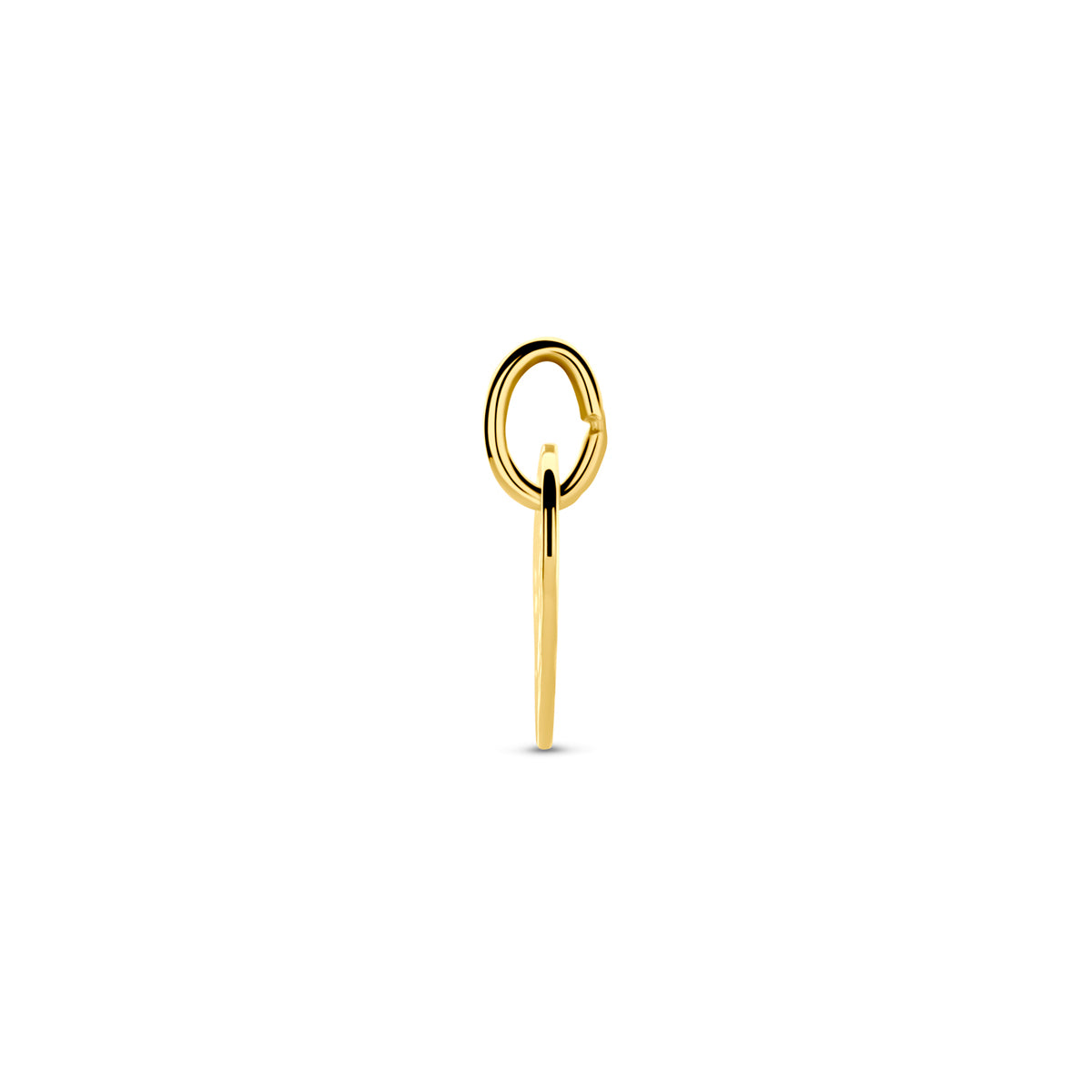 Zijaanzicht van de 14 karaat geelgouden gehamerde graveerhanger hartje, zodat de diepte van het sieraad zichtbaar is.