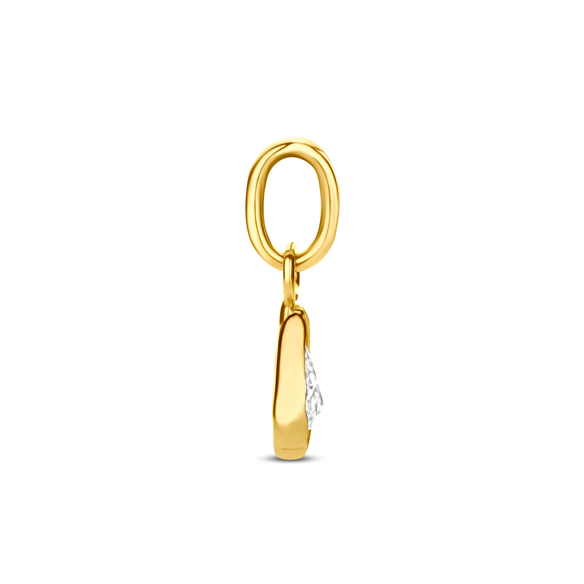 Gouden hanger zirkonia: zijaanzicht van de geelgouden hanger met druppelvormige zirkonia van 14 karaat.