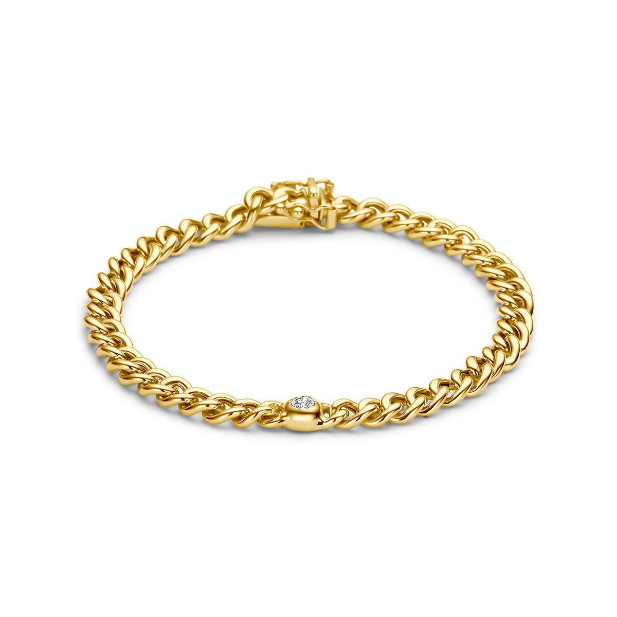 Gouden armband met diamant: vooraanzicht van de 14 karaat geelgouden gourmette armband met diamant 0,15 ct.