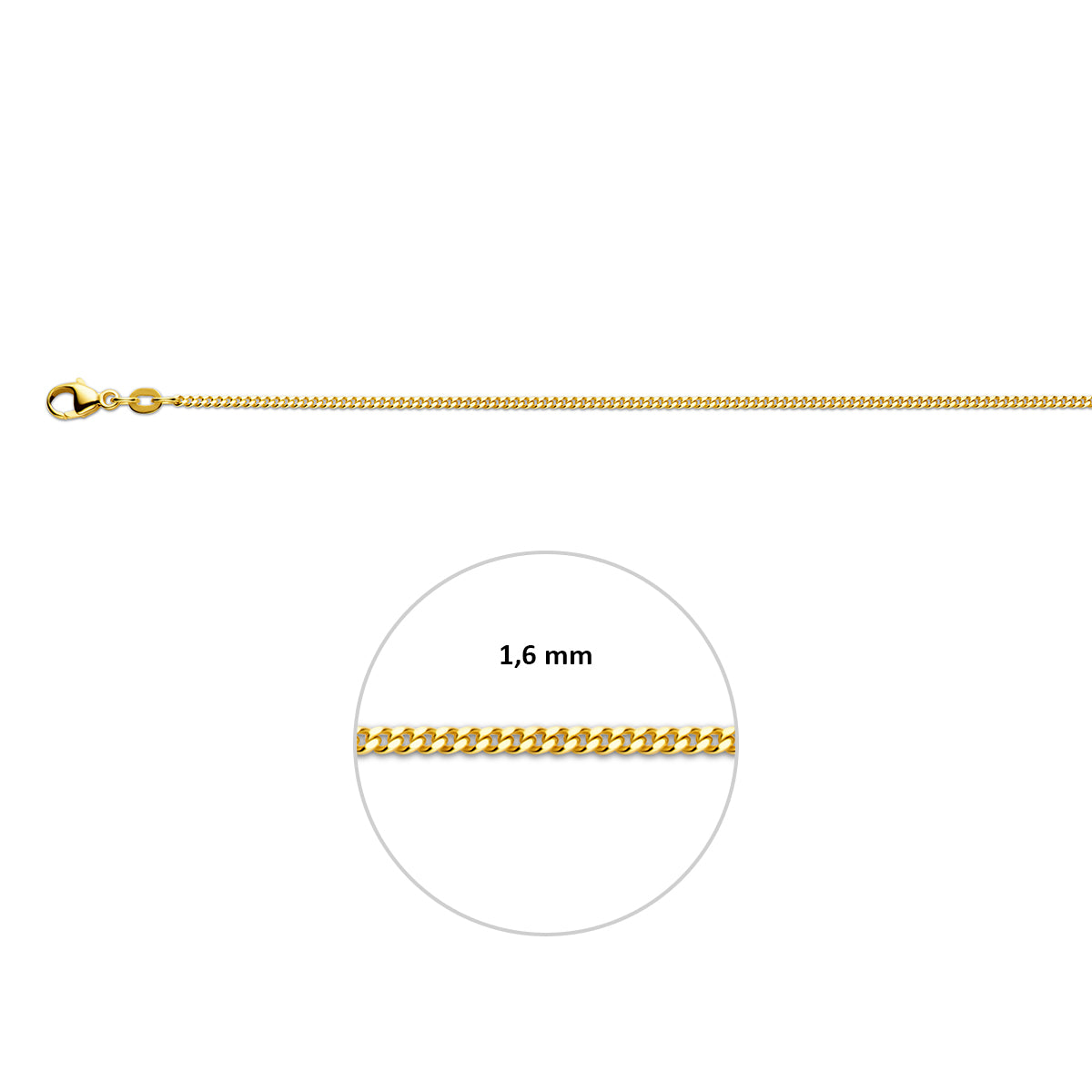 Gouden gourmet ketting: 14 karaat geelgouden gourmette halsketting, met de schakelbreedte van 1,6 mm aangegeven