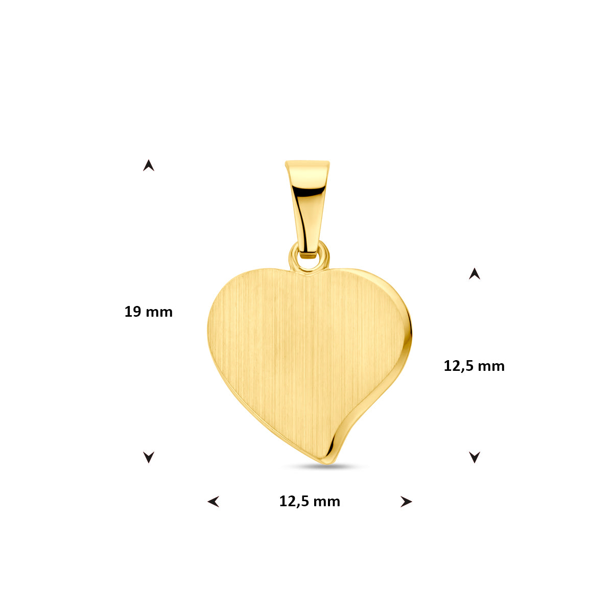 Technische afbeelding van de 14 karaat geelgouden graveerhanger hartje met afmetingen, 19 mm hoog en 12,5 mm breed.
