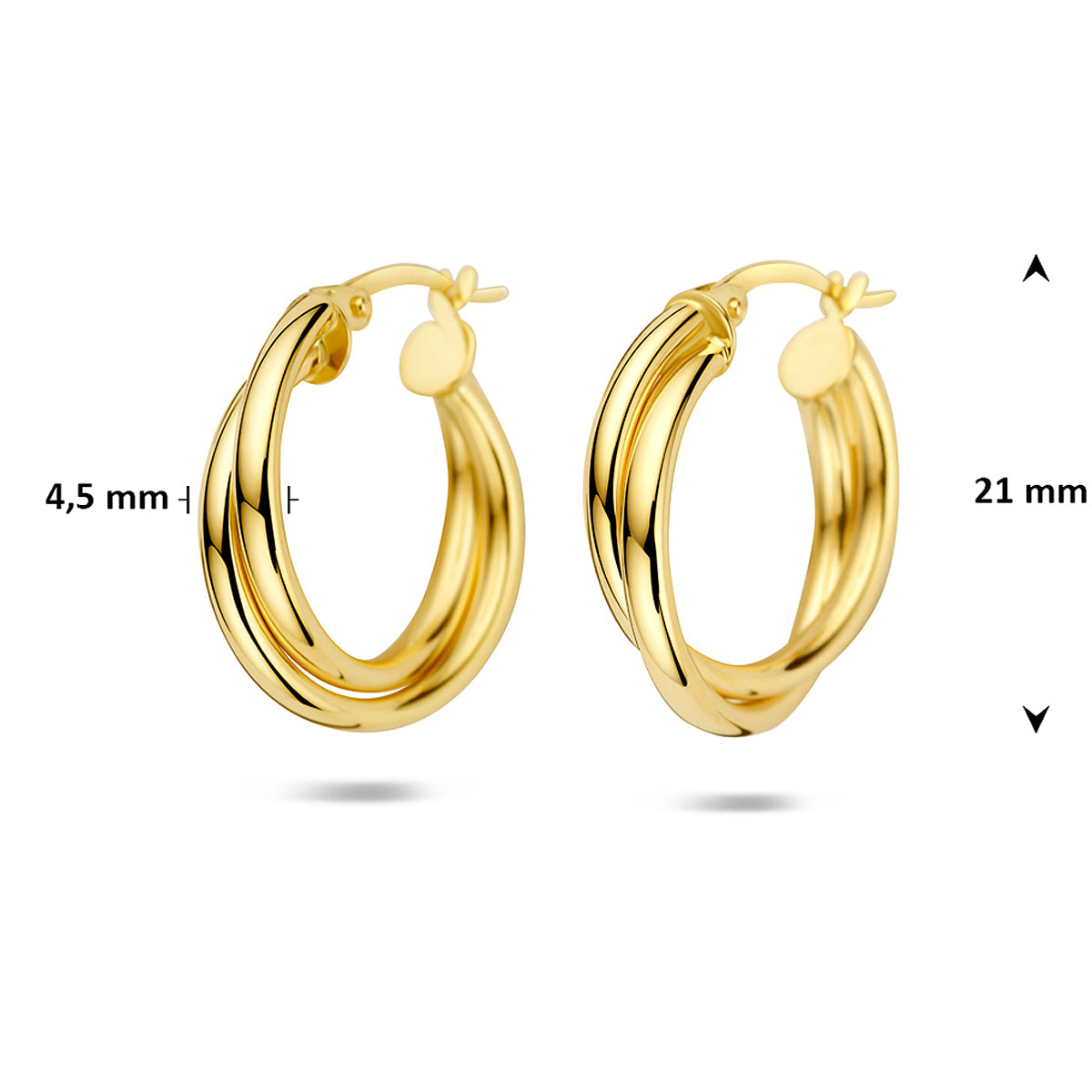 Technische afbeelding van de 14 karaat geelgouden grote oorringen met afmetingen, 21 mm hoog en 18,5 mm breed.