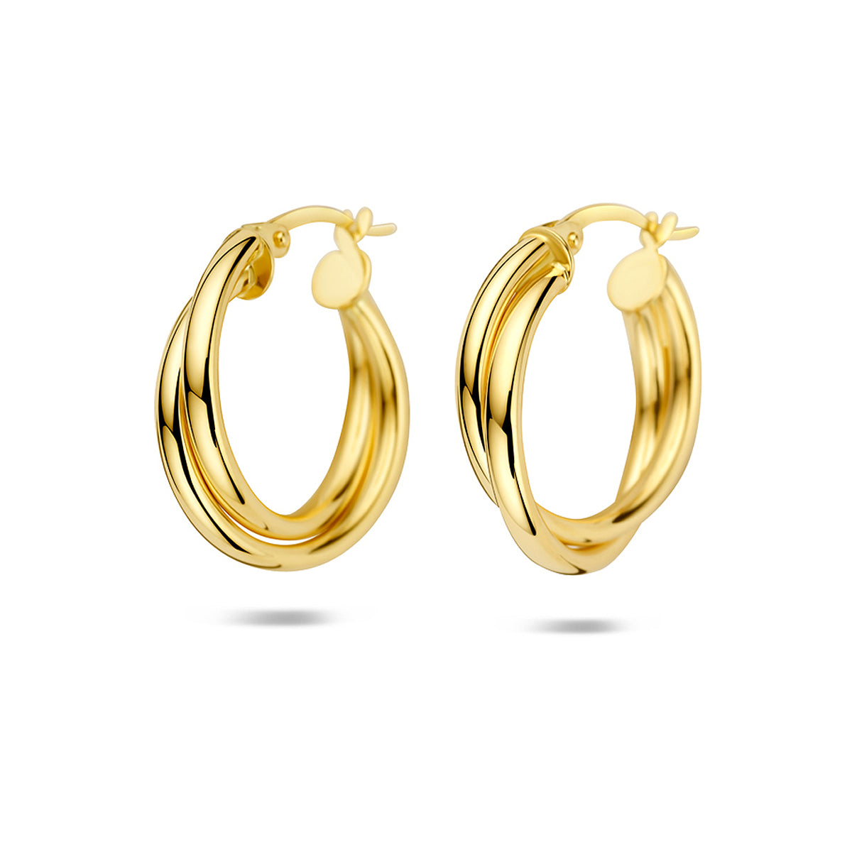 Vooraanzicht van de 14 karaat geelgouden grote oorringen, 21 mm hoog en 18,5 mm breed.