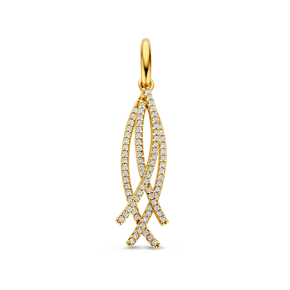 Vooraanzicht van de 14 karaat geelgouden hanger met diamant 0,42 ct, 40 mm hoog en 10 mm breed.