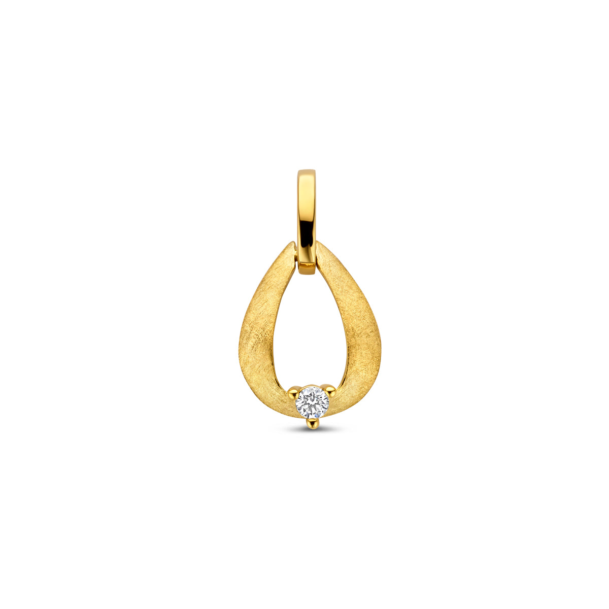 Vooraanzicht van de 14 karaat geelgouden hanger gematteerd diamant 0,03 ct, 15,5 mm hoog en 8,5 mm breed.