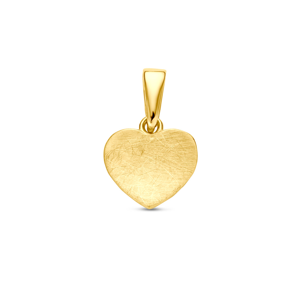 Vooraanzicht van de 14 karaat geelgouden hanger gematteerd hartje, 8 mm hoog en 9 mm breed.