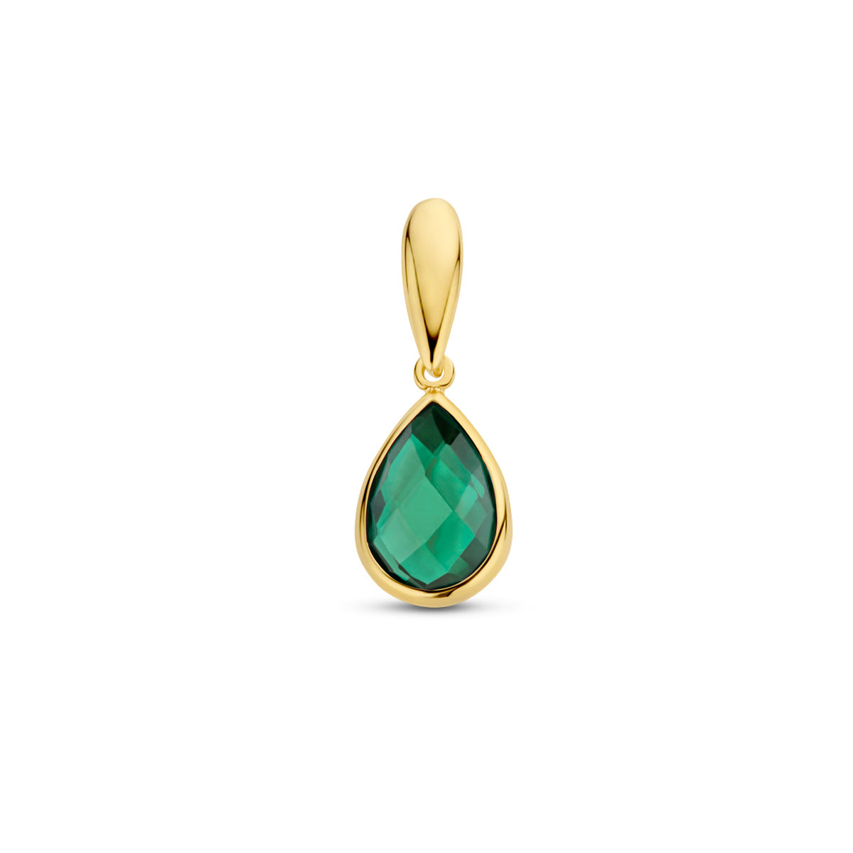 Vooraanzicht van de 14 karaat geelgouden hanger groene agaat druppel, 12,5 mm hoog en 7,5 mm breed.