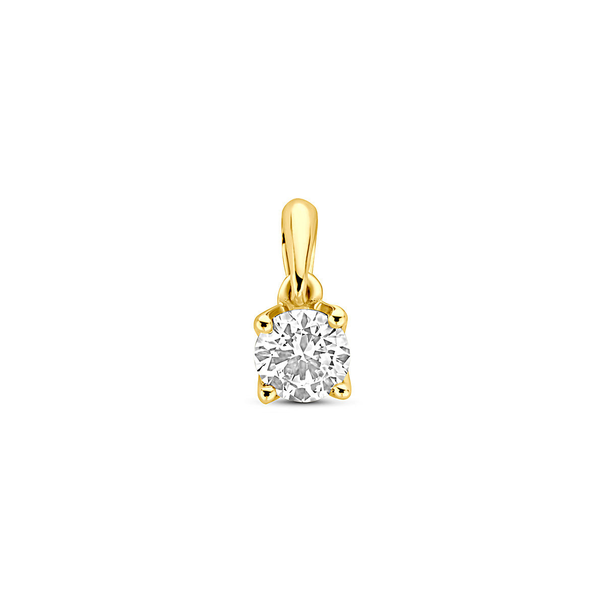 Vooraanzicht van de 14 karaat geelgouden hanger lab grown diamant 0,25 ct, 9,5 mm hoog en 4 mm breed.