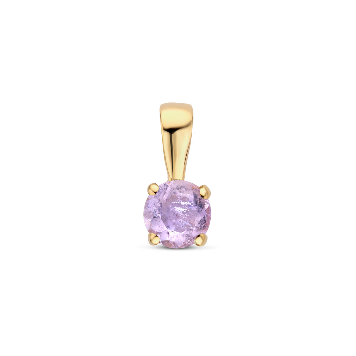 Vooraanzicht van de 14 karaat geelgouden hanger met amethist, 9 mm hoog en 4 mm breed.