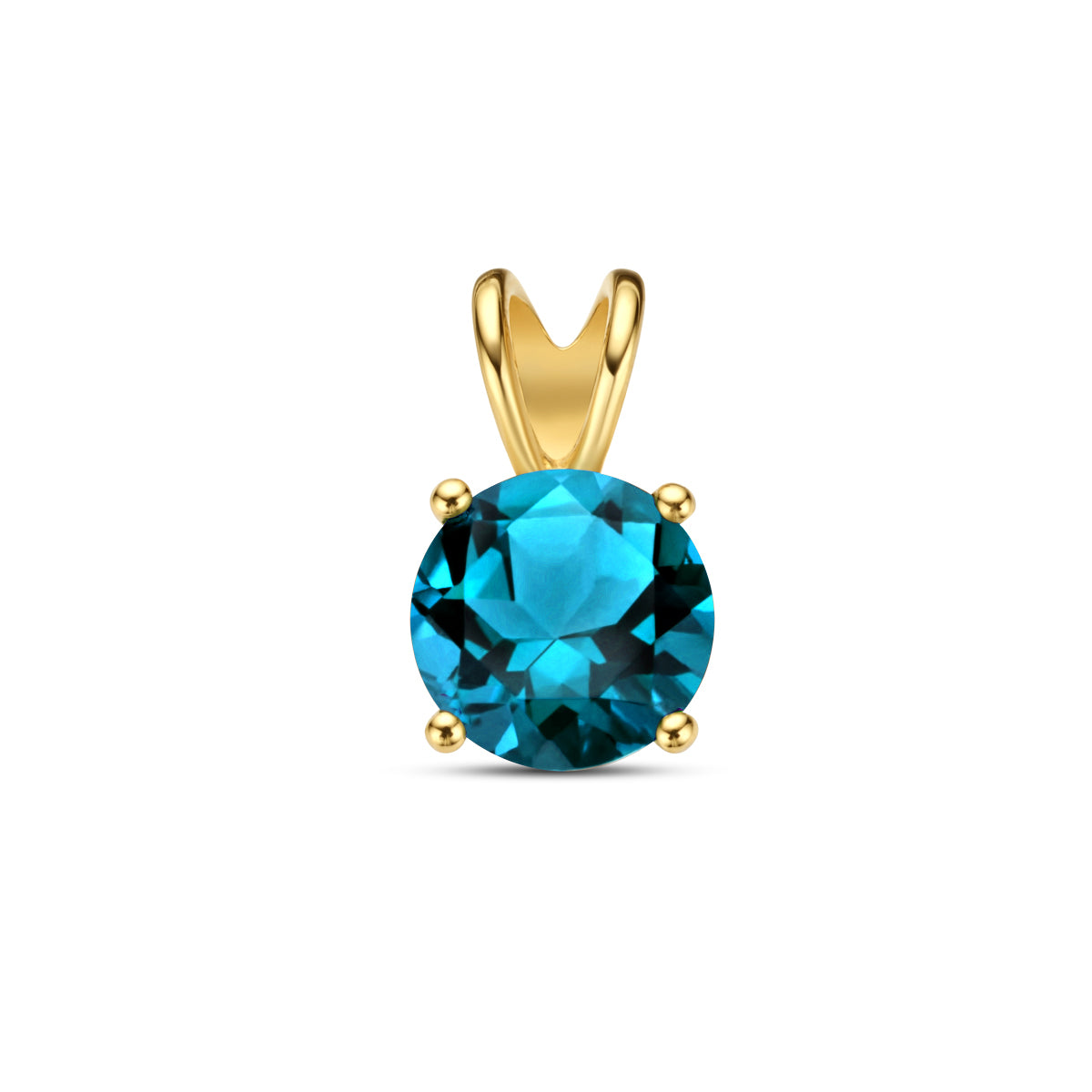 Vooraanzicht van de 14 karaat geelgouden hanger met blauwe topaas, 10,7 mm hoog en 6,3 mm breed.